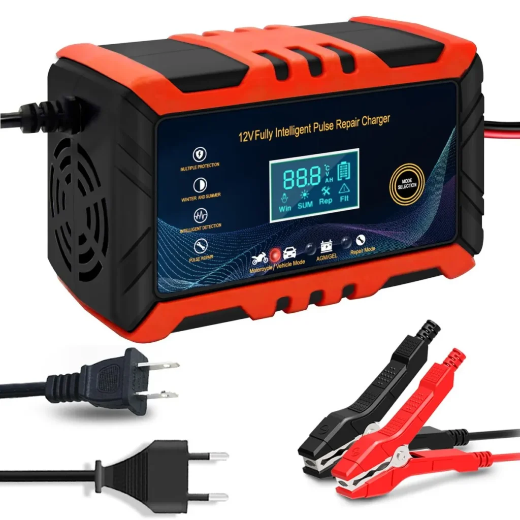 12V Smart Car Battery Charger with Pulse Repair & LCD Display
