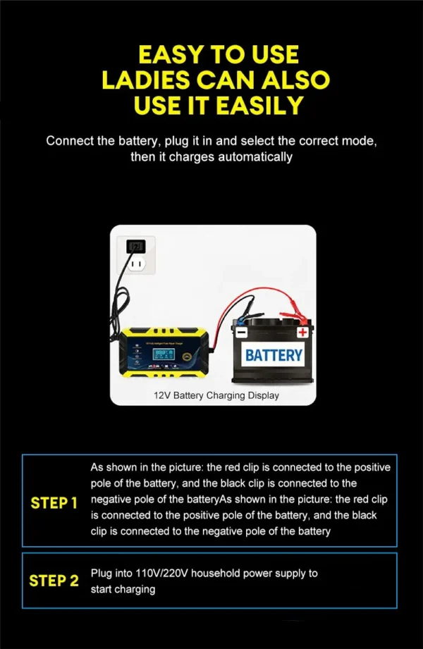 12V Smart Car Battery Charger with Pulse Repair & LCD Display - Image 18