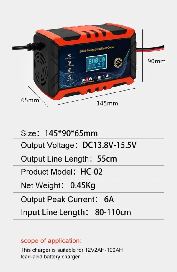 12V Smart Car Battery Charger with Pulse Repair & LCD Display - Image 19