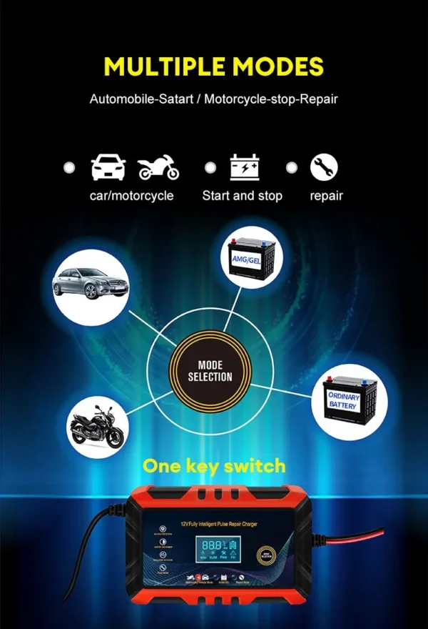 12V Smart Car Battery Charger with Pulse Repair & LCD Display - Image 10