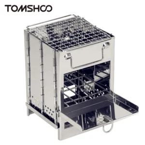 TOMSHOO Portable Wood Stove with Mini Charcoal Grill – Foldable Stainless Steel Camping Stove
