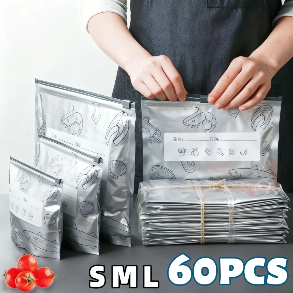 Reusable Aluminum Foil Storage Bags (10/60pcs) – Freezer Safe, Odor-Proof Food Packaging & Pantry Organizer