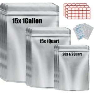 50-Pack Mylar Aluminum Foil Storage Bags β Resealable Zipper Pouches with Oxygen Absorbers (1 Gallon, 1 Quart & 1/2 Quart)
